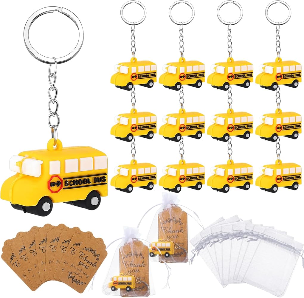 12 Pcs School Bus Party Favors School Bus Keychain with White Organza Thank You Kraft Tags for Birthday Party Favors Backpack Key Decorations Classroom Rewards School Bus Theme Supplies