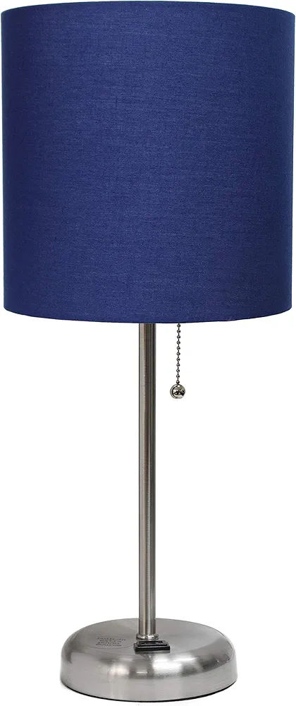 Simple Designs LT2024-NAV Brushed Steel Stick Table Desk Lamp with Charging Outlet and Drum Fabric Shade, Navy Blue Shade