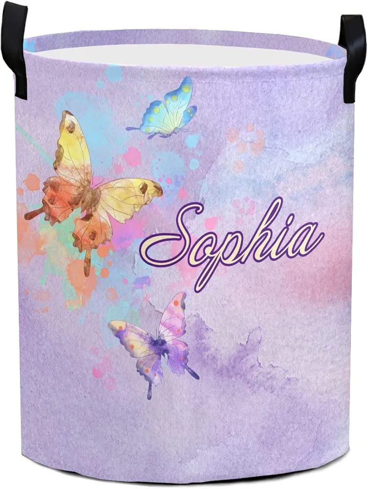 Purple Butterfly Laundry Hamper Basket Custom Name Collapsible Storage Bin Waterproof Clothes Room Decor Dirty Baskets for Gift, 19.69''(height)x14.17''(diameter)