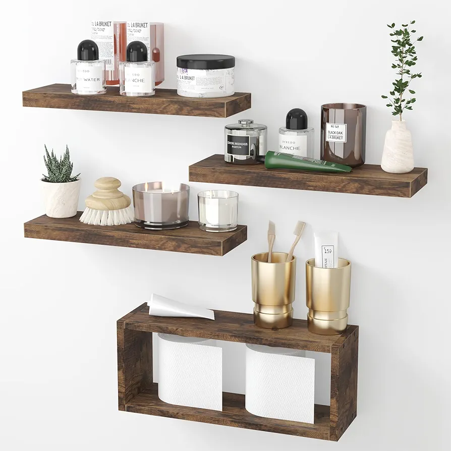 Fixwal Floating Shelves, 4+1 Tier Rustic Bathroom Shelves Over Toilet with Invisible Brackets, Farmhouse Wall Decor for Bedroom, Living Room, Kitchen and Plants (Rustic Brown)