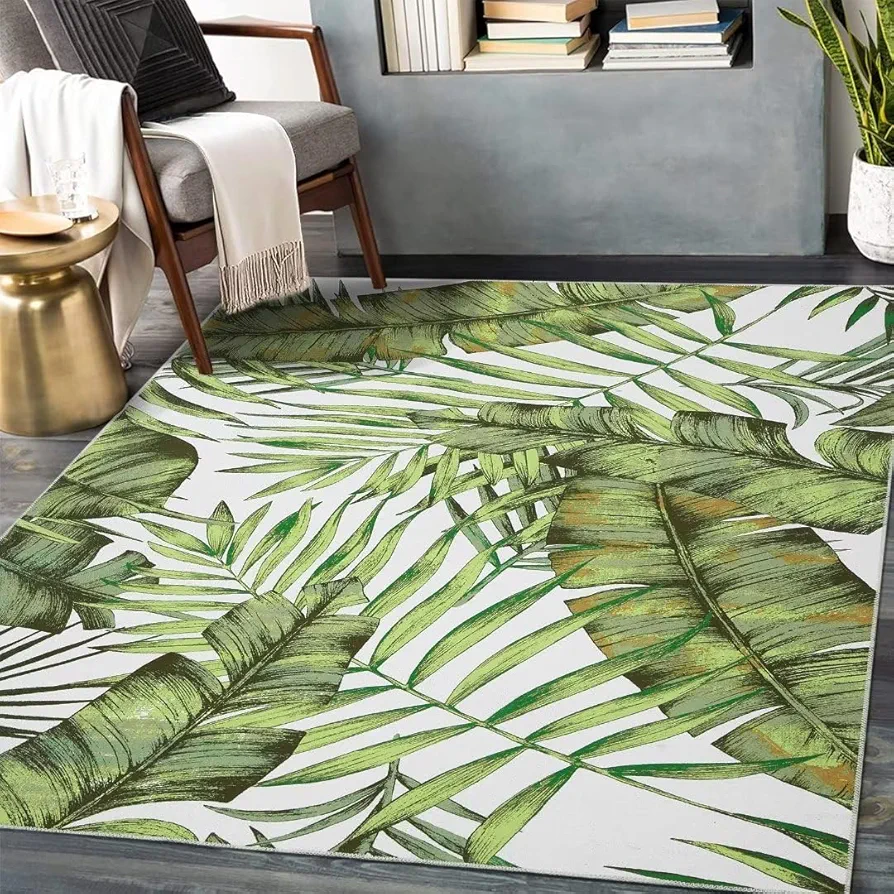 9x12 Washable Area Rug Palm Tree Leaf Area Rug Indoor Throw Carpet Rug Non Slip Low Profile Non-Shedding Large Area Rug for Living Room Bedroom Kitchen, 9' x 12' Green