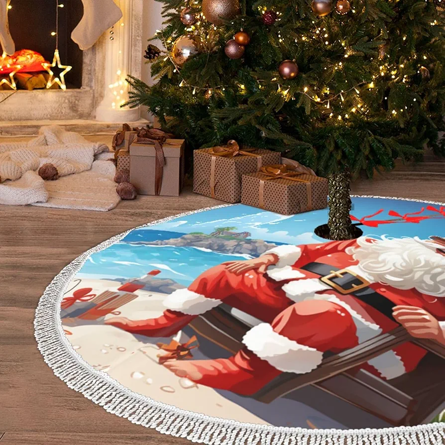 30" Christmas Tree Skirt with Tassel Santa Claus at Beach Xmas Tree Skirts Tassel Tree Mat Ornament for Home Indoor Outdoor Room Holiday Decoration