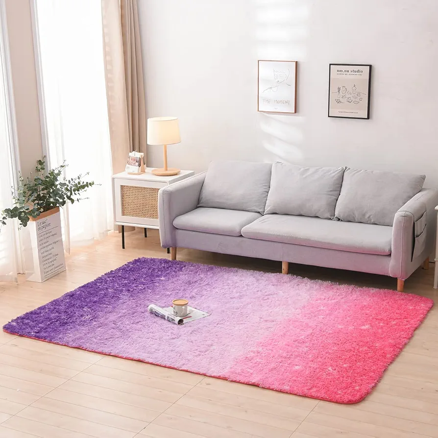 Holawakaka Shaggy Fluffy Faux Fur Area Rug for Bedroom Sofa Living Room Home Decor Multi-Color Rectangle Tie Dye Super Soft Rugs Plush Fuzzy Floor Carpet(pink purple, 5'x7')