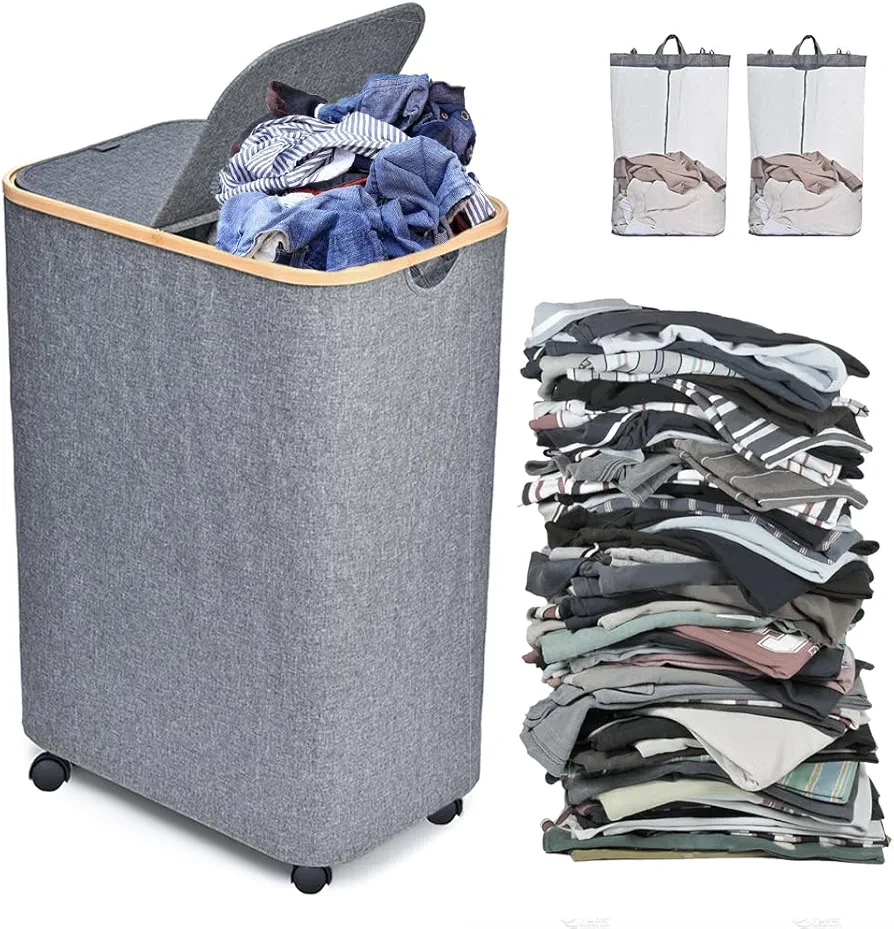 Large Laundry Hamper with Wheels | 144L Collapsible Laundry Basket with Removable Bag | Dirty Clothes Hamper with Lid for Bedroom, Bathroom | CarzyHome Double Rolling Laundry Basket with Handles, Grey