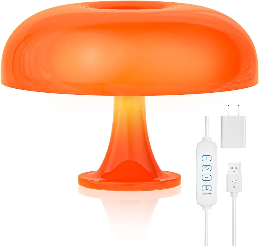 Orange Mushroom Lamp, Dimmable Mushroom Table Lamp with 3 Lighting Modes, 70s Retro Mid Century Modern Lamp Mushroom Shaped Donut Lamp for Bedroom, Cool Home Decor Aesthetic Lamp (Orange)