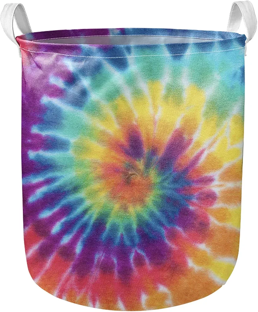 Babrukda Rainbow Tie-dye Print Room Dorm Foldable Laundry Hamper Waterproof Round Canvas Collapsible Storage Basket Standable Corner Washing Bin Clothes Toys Book Blanket Organizer