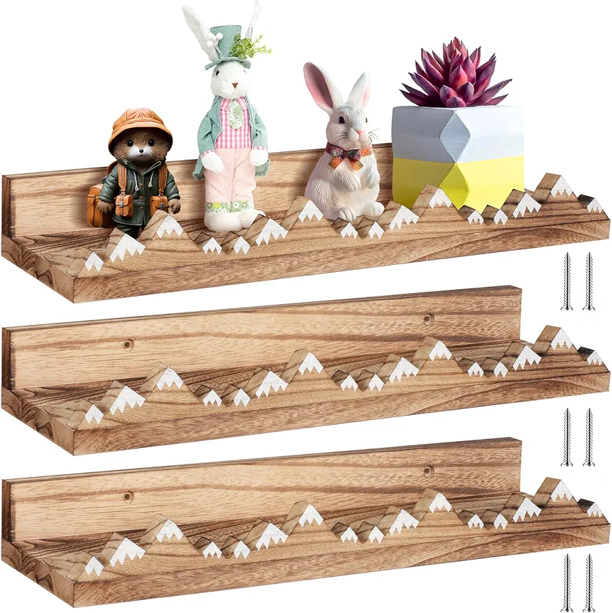 3 Pcs Snow Mountain Floating Shelves Wood Nursery Book Shelves Nursery Floating Shelves Wall Mounted Rustic Wooden Picture Ledge Shelf Floating Book Shelves for Kids Room (Light Brown)