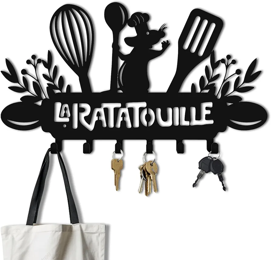 La Ratatouille Metal Key Holder - 6 Hooks Metal Hanger - Metal Kitchen Hook - Kids Room Cartoon Theme Decor - Room Entrydoor Hook Sign - Unique Room Door Decor