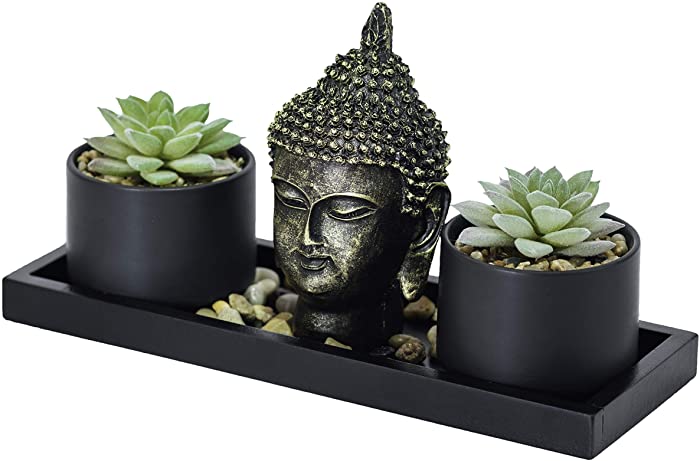 Buddha Statue & Succulent Zen Garden Set- Buddha Head Statue w/ Wooden Display Tray & Stones| Buddha Decor For Home Decor. Beautiful & Peaceful. Great Meditation Gifts.