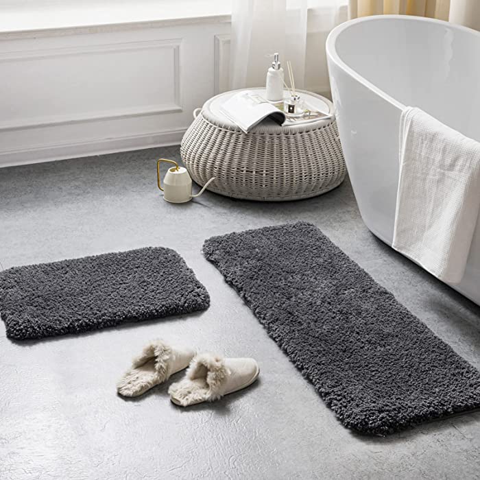 Phantoscope Bathroom Rugs - Set of 2 Non-Slip Ultra Soft Microfiber Plush Bath Mat Water Absorbing Shower Rugs, Dark Grey, 17 x 24 & 17 x 47 Inches