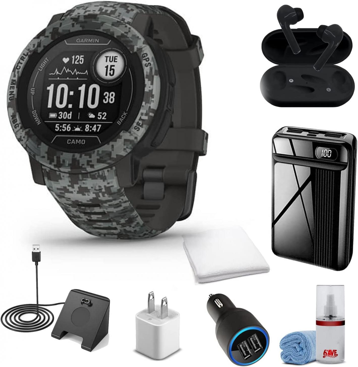 Garmin Instinct 2 - Camo Edition Smart Watch Graphite Camo + Wireless Headphones + Watch Charging Stand + USB Car/Wall Adapter + 6Ave Cleaning Kit + Sweat Workout Towel (010-02626-13)