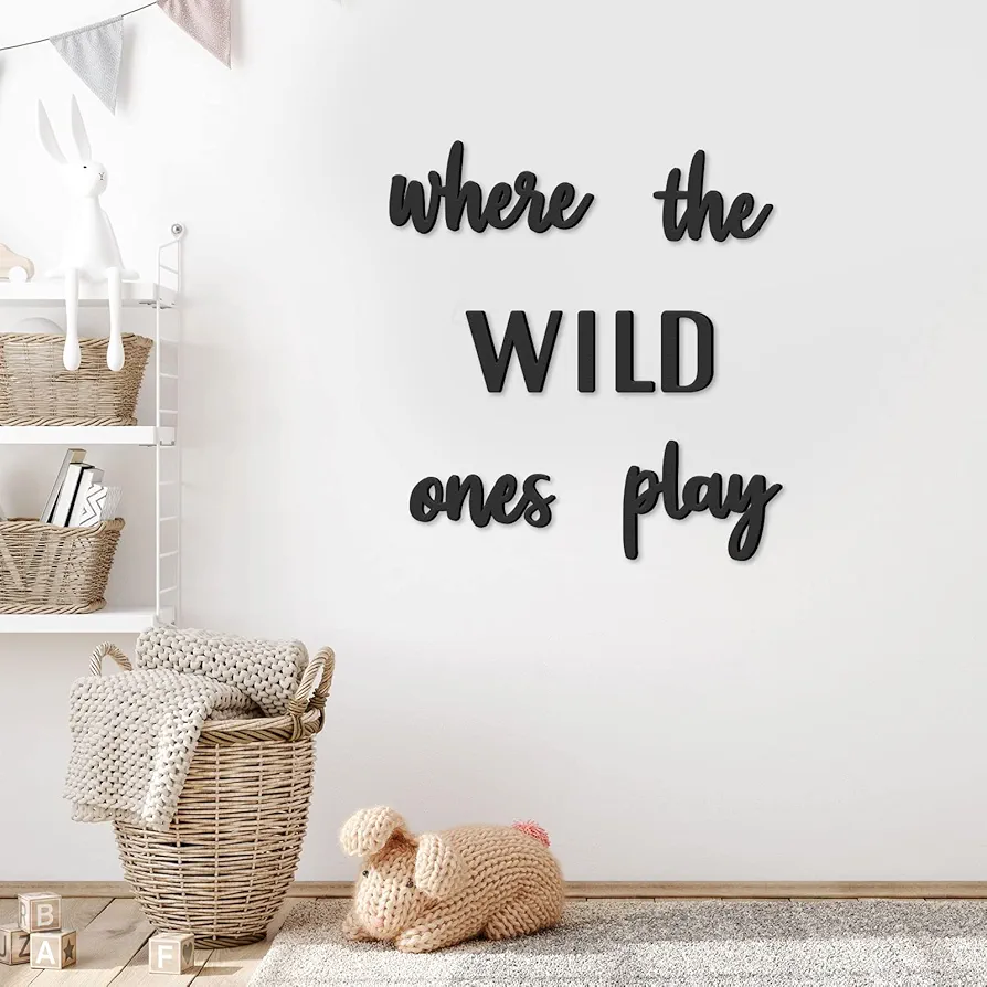 Xylolfsty Playroom Wall Decor, Where The Wild Ones Play Room Sign Wooden Wall Art Decoration for Boys and Girls Toy Room Kids Toddler Nursery Room Bedroom Home Word Cutouts Sign 8 pcs