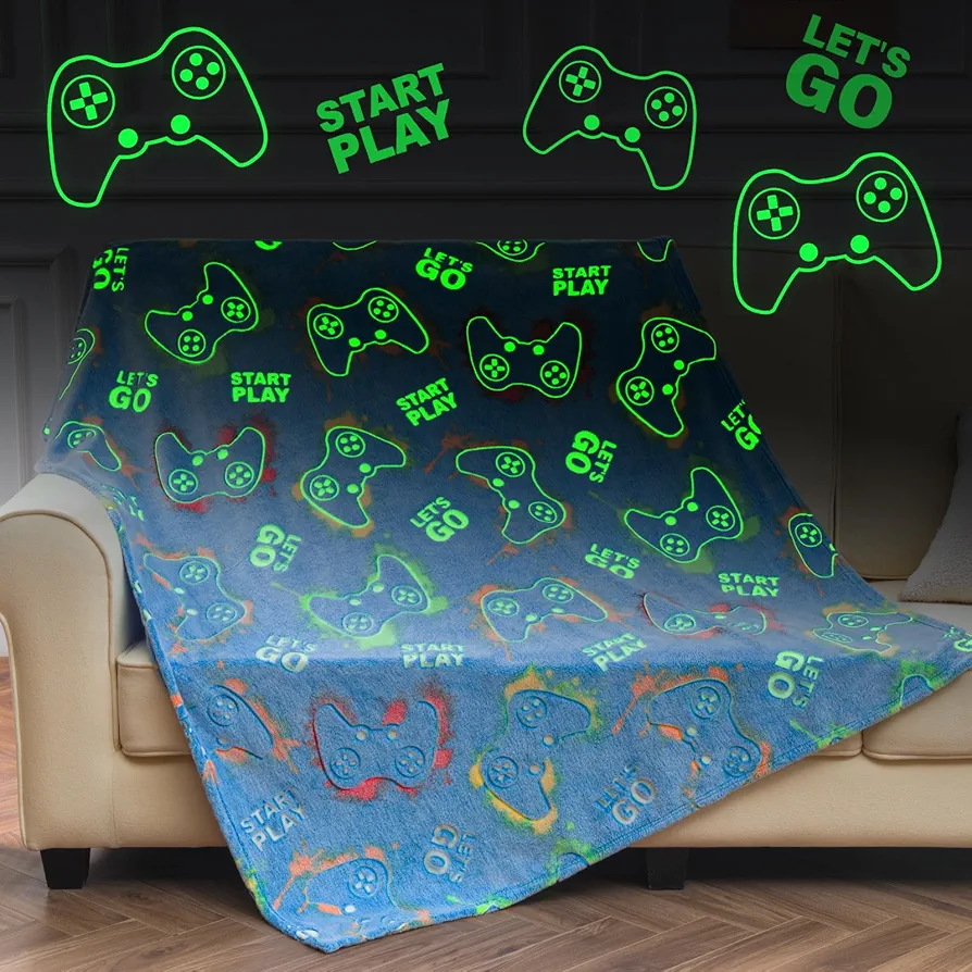 Aimego Glow in The Dark Game Controller Throw Blanket for Boys Girls - Gaming Blanket Toy Gifts for Adult Teens, Christmas Valentines Day Gamer Room Decor, Birthday Gifts for Age 5-10 Year Old Kids