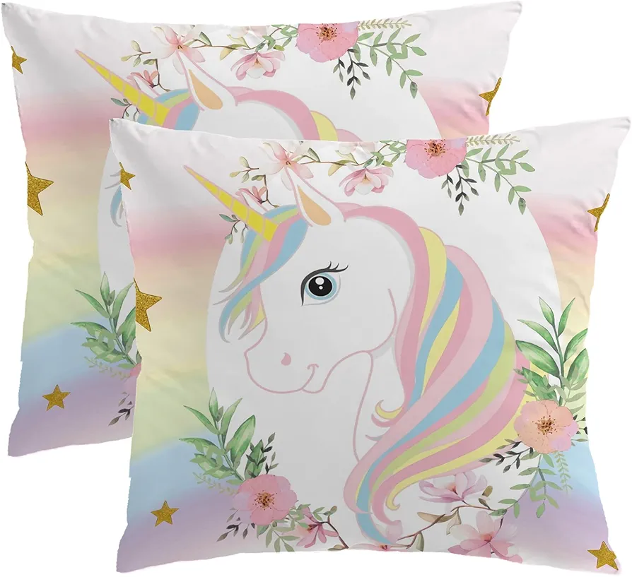 MUSOLEI Unicorn Pillow Cover,18x18 Pack of 2 Square Soft Unicorn Pillow Cases with Zipper unicorn Nursery Decor Girl Bedroom Decor Unicorn Room Decor for Girls Couch Sofa Living Room