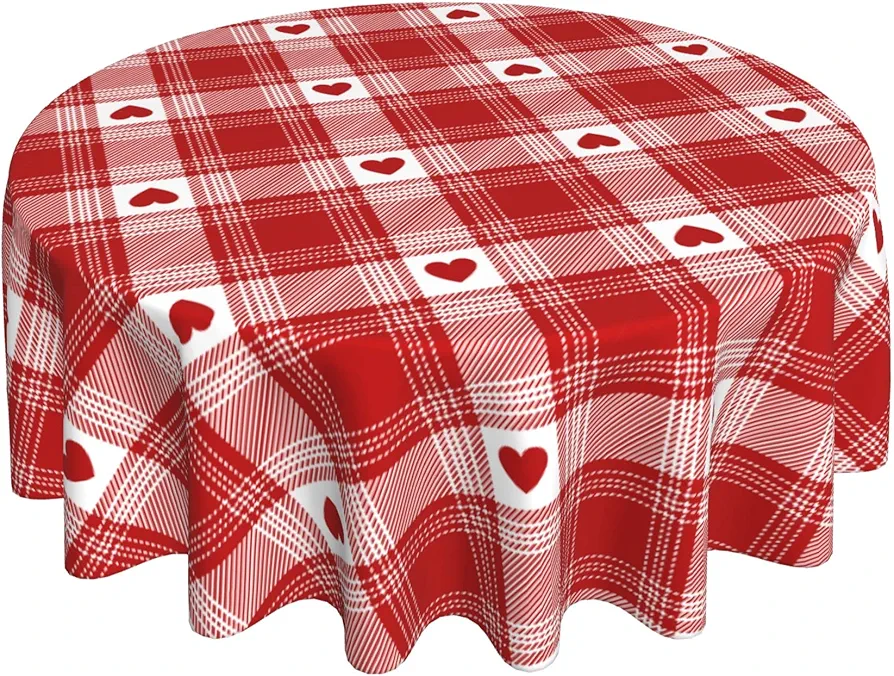 Valentines Day Tablecloth Round 60 Inch Happy Mothers Day Table Cloth Gifts Love Heart Wedding Circle Table Clothes Red White Buffalo Check Plaid Table Cover for Picnic Party Dining Room Outdoor Decor