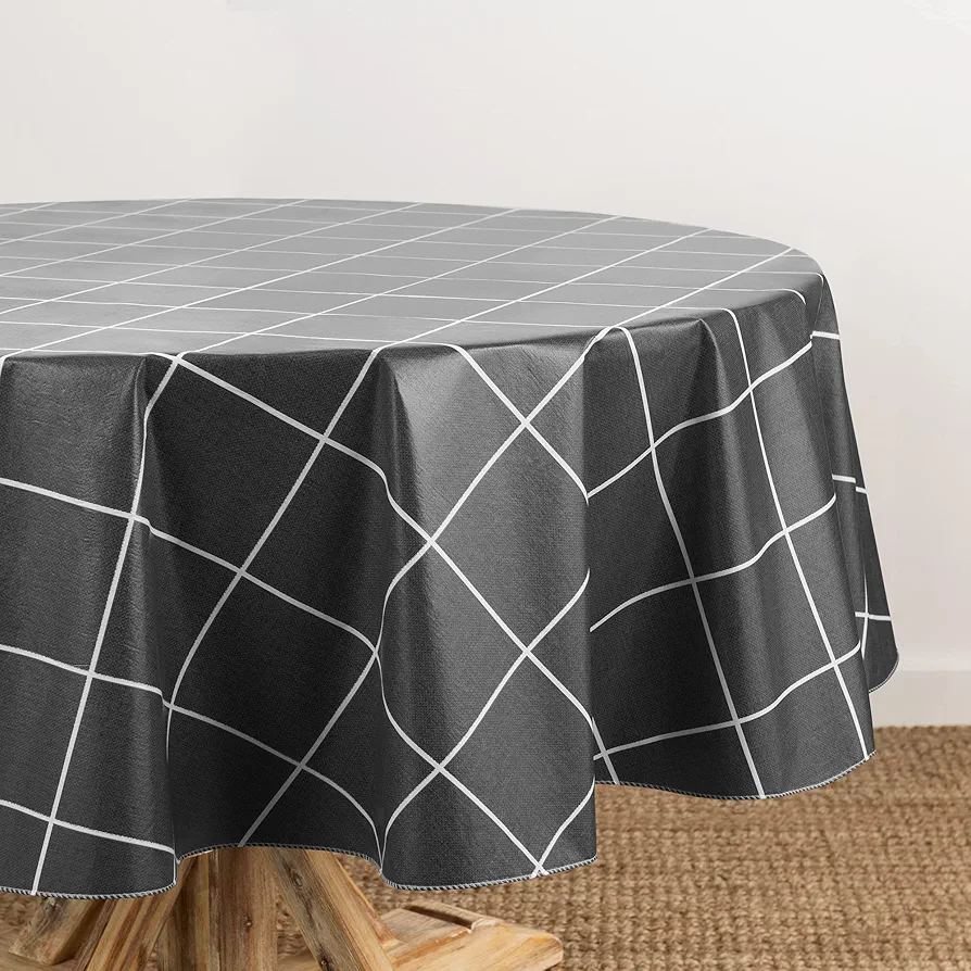 Elrene Home Fashions Windowpane Plaid Water- and Stain-Resistant Vinyl Tablecloth with Flannel Backing, 60 Inches X 84 Inches, Oval, Black