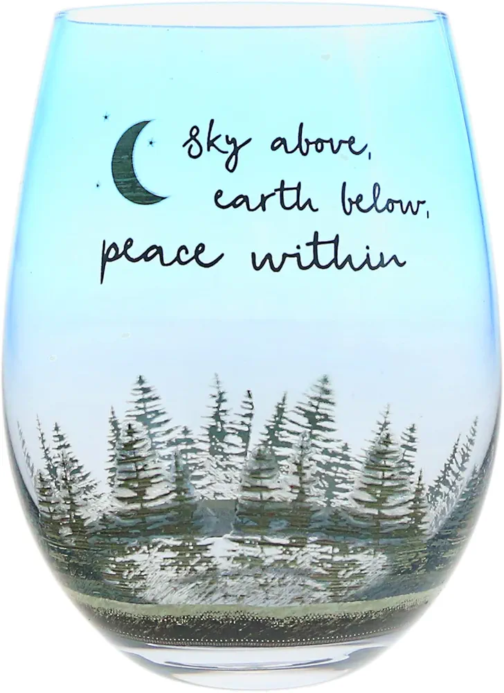 Pavilion Gift Company - Peace Within - 18 ounce Stemless Wine Glass, Lodge Collection, Cabin Themed Gifts or Rustic Décor for Men or Women, Wine Tasting Gifts, 1 Count (Pack of 1), 3” x 3” x 5”, Blue