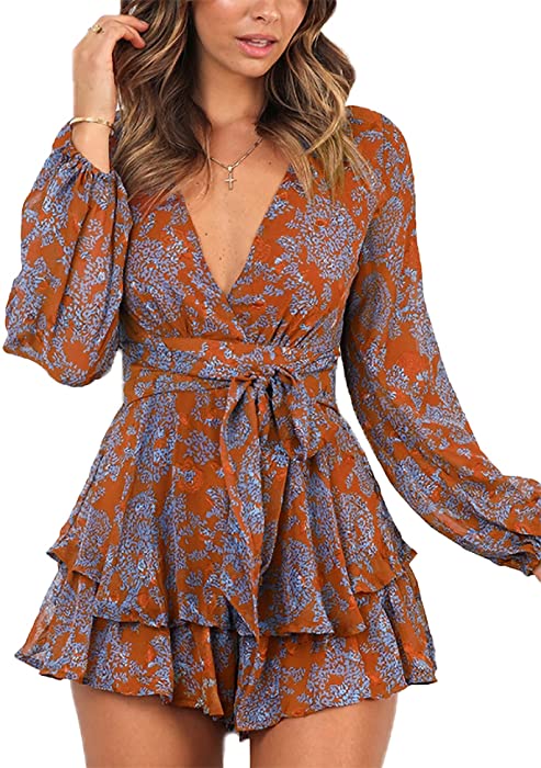 Relipop Women's Jumpsuit Floral Print V Neck Baggy Sleeve Waist Tie Double Layer Ruffle Hem Short Mini Dress Romper