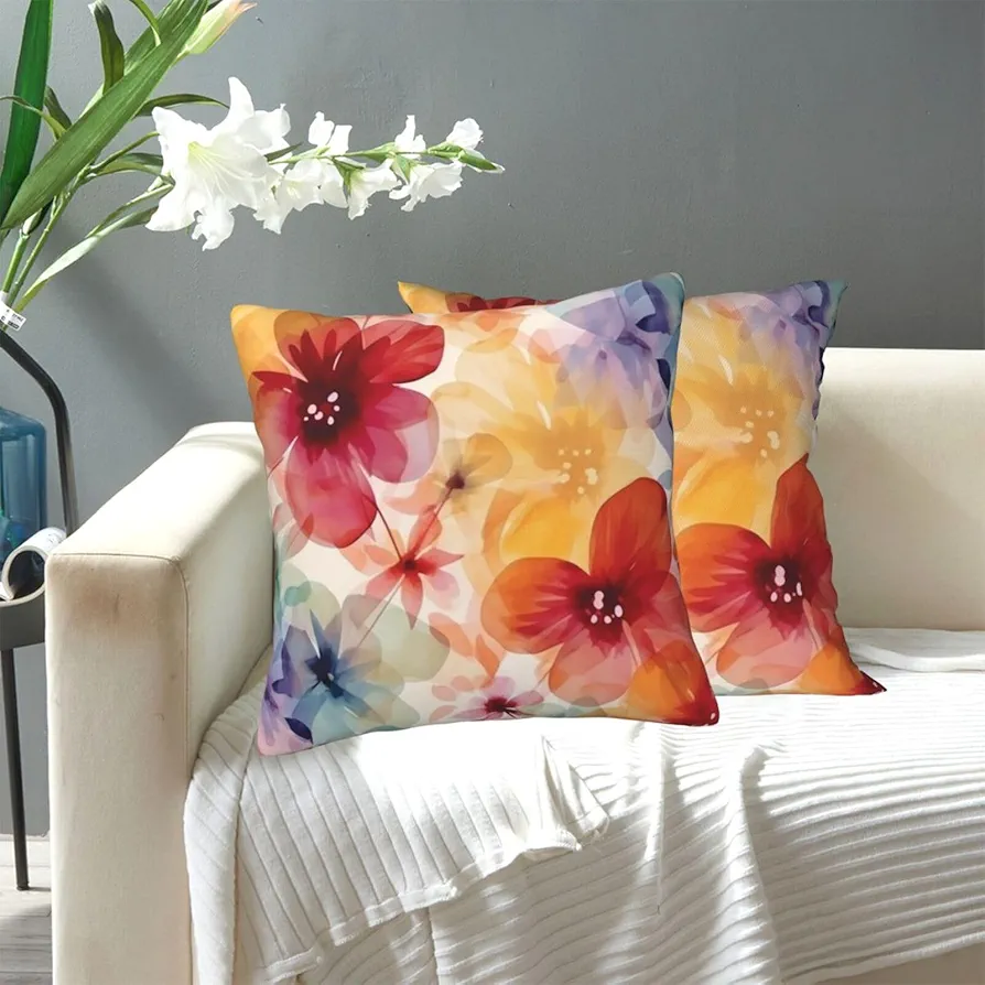 Throw Pillow Cover Watercolor Style Flower Pattern Decorative Pillowcase Modern Square Pillow Covers Soft Cozy Cushion Covers with Hidden Zipper Throw Cushion Case for Living Room Sofa Couch 16"x16"