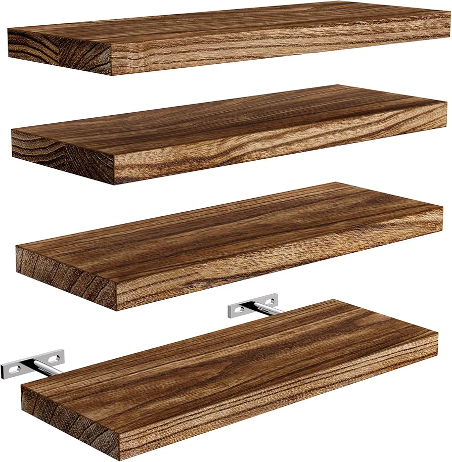 AMADA HOMEFURNISHING Floating Shelves, Paulownia Wood Wall Shelves for Bathroom/Living Room/Bedroom/Kitchen/Home Office, Natural Wood Floating Shelf for Home Storage & Organization, Set of 4, AMFS40BN