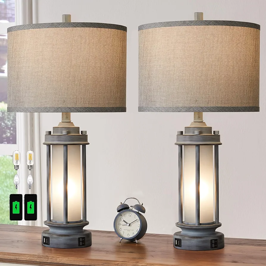 Set of 2 Rustic Table Lamps for Living Room, Farmhouse Vintage Nightstand Lamp with 2 USB Ports, Antique Retro Light Green Glass Night Light for Bedroom Entryway, 4 Bulbs Included…