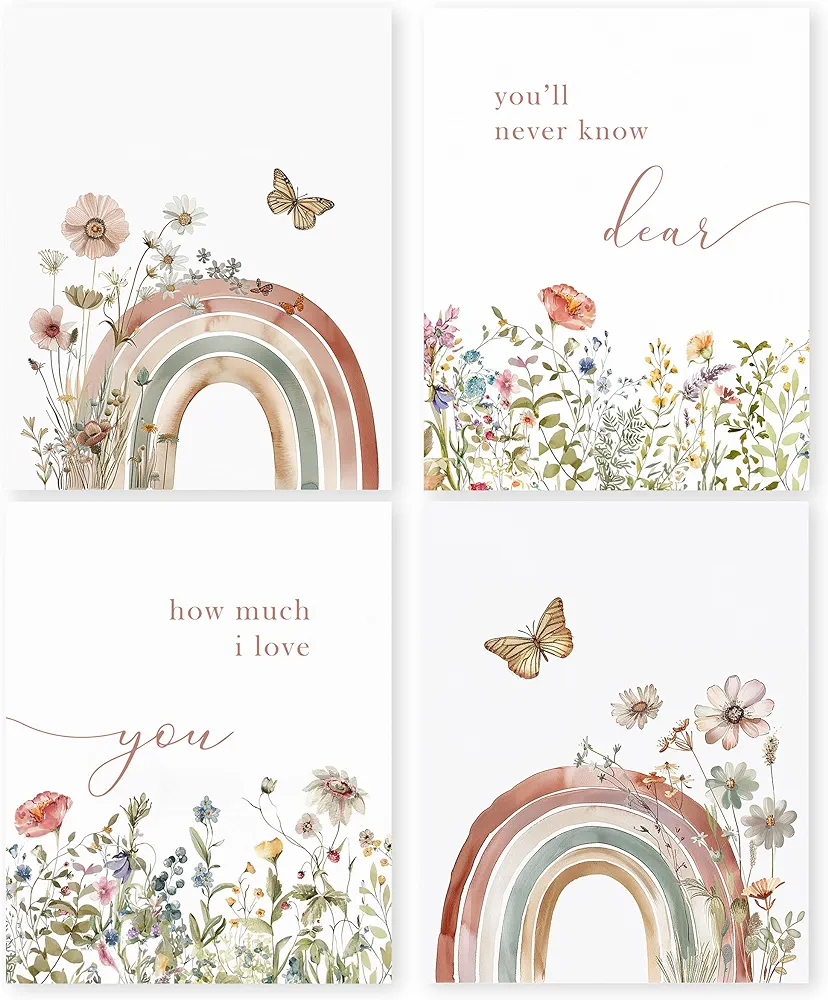 HRQKO Boho Rainbow Nursery Wall Art Poster Prints Set of 4, Baby Girl Nursery Decor, Wildflower Nursery Artwork Prints Posters Wall Decor, You’ll Never Know Dear Decor for Girls Room 8”x10” Unframed