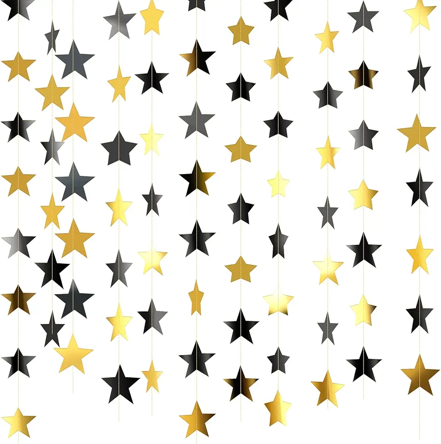 Patelai Glitter Star Garland Banner Decor, 130 Feet Bright Star Hanging Bunting Banner Backdrop for 2024 New Year Graduation Wedding Baby Shower Birthday Christmas Party Decor(Black, Gold)