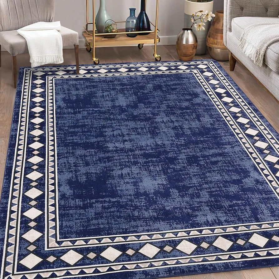 Washable Area Rug 9x12 Large Solid Border Rug Traditional Living Room Rug Contemporary Rug for Bedroom Non-Slip Retro Geometric Carpet Accent Rug for Dining Room Guest Room Office