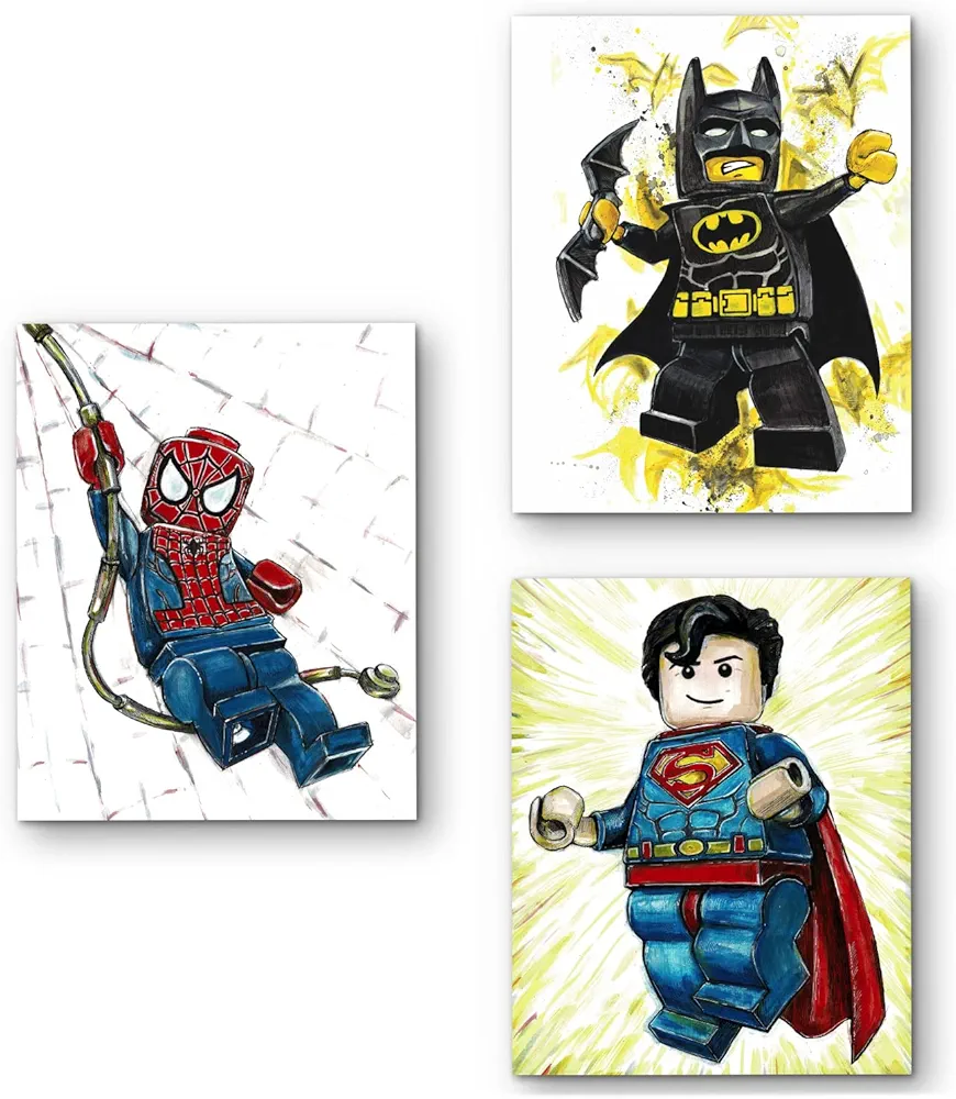 Superhero theme wall posters, comics characters Legos style unique Art prints Posters for Boys Room decor, Wall Art Superheroes Canvas Poster, Children Kids Boys Birthday Gift Game Room, Prints Room