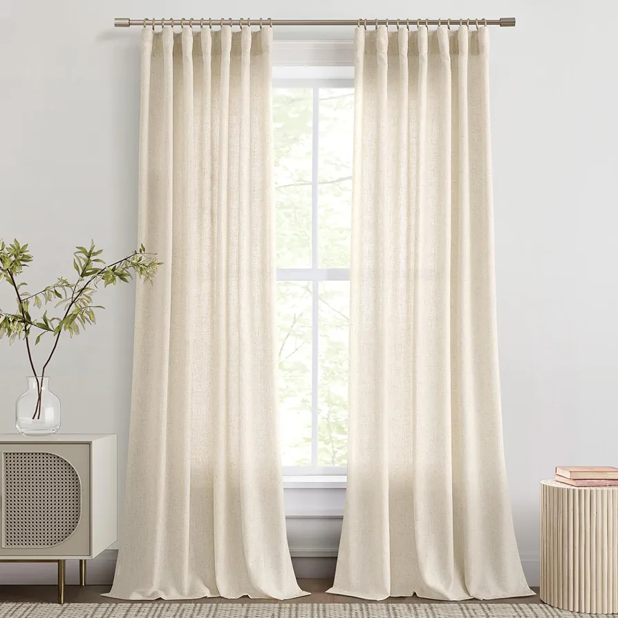 Joywell Beige Tan Linen Curtains 90 Inch Length for Living Room Dining 2 Panels Set Back Tab Semi Sheer Taupe Light Brown Coffee Color Drape for Home Office Burlap Vintage Decor 52x90 Long