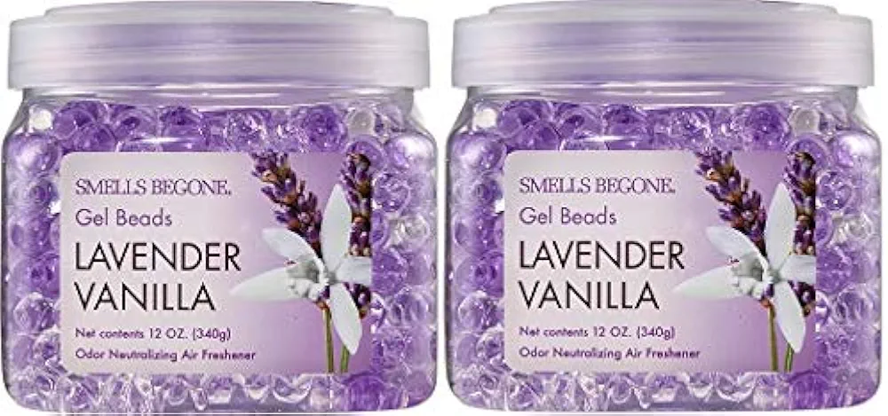 SMELLS BEGONE Odor Eliminator Gel Beads - 12 oz, Pack of 2 - Eliminates Odor in Bathrooms, Cars, Boats, RVs & Pet Areas - Air Freshener - Made with Essential Oils - Lavender Vanilla Scent