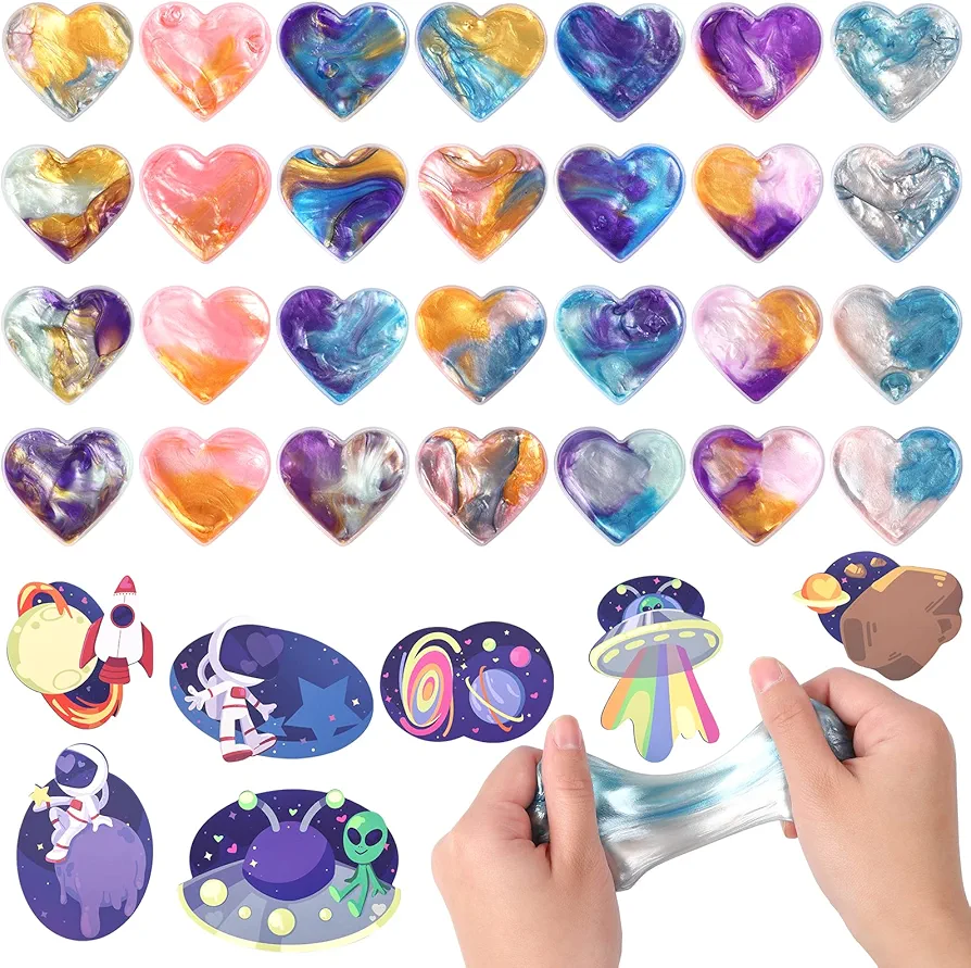 28 Packs Valentines Galaxy Slime with Valentines Day Gift Cards, Slime Party Favor, Stress & Anxiety Relief Slime Pack for Girls and Boys, Classroom Exchange Prizes Valentine's Greeting Cards