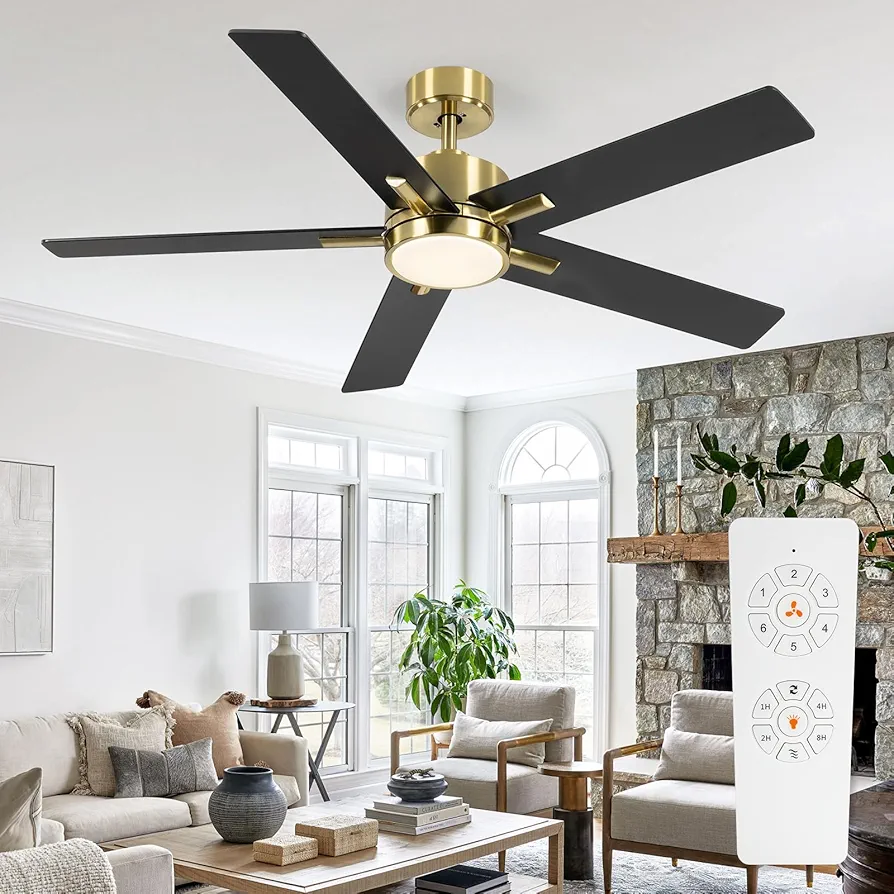 52 inch Ceiling Fans with Lights and Remote Control, 2 in 1 LED Ceiling Fan Lights, Black Ceiling Fan with 5 Blades, Quiet DC Motor, 6 Speeds, 3 Color Temperature for Bedroom Living Room Patio