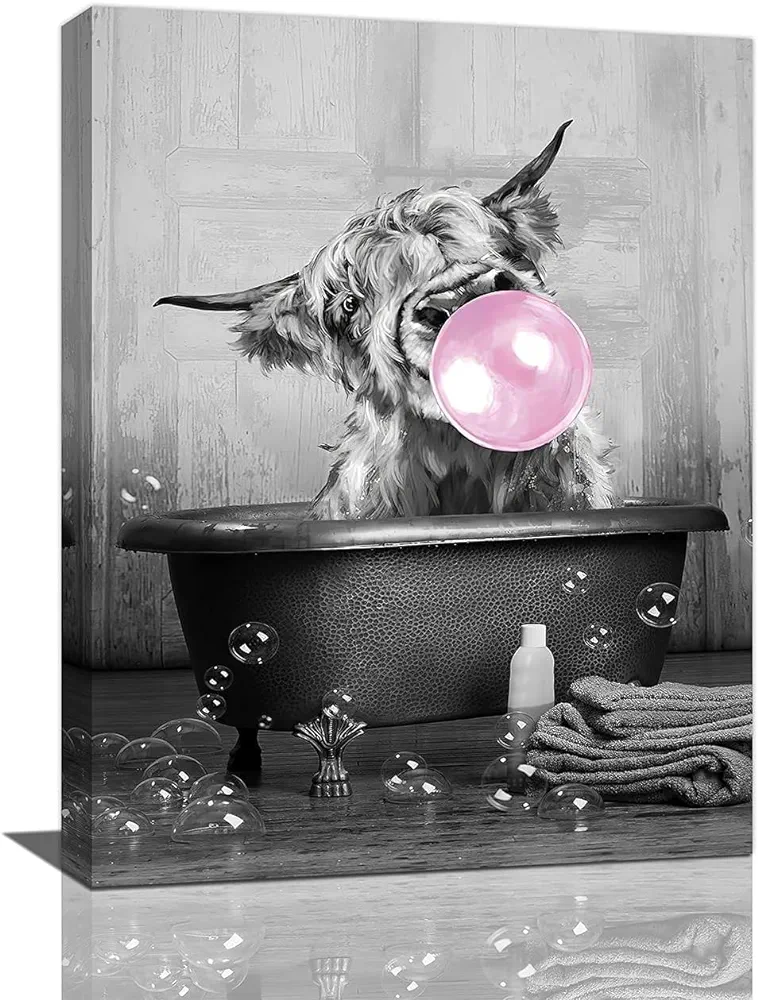 Black And White Cow Bathroom Wall Decor Highland Cow Canvas Wall Art Funny Animal in Bathtub Picture Pink Bubble Gum Print Farmhouse Artworks Home Decor For Bathroom Living Room Bedroom 8x10 Inch