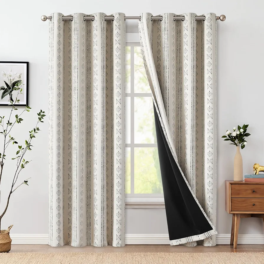 jinchan 100% Blackout Boho Curtains 84 Inches Long for Bedroom Black on Beige Geometric Printed Grommet Top Room Darkening Thermal Insulated Window Drapes 2 Panels