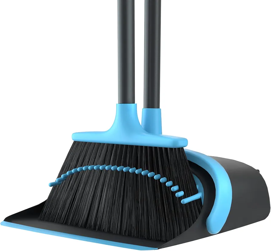 Broom with Dustpan Combo Set, Broom and Dustpan Set with Optional Extension Pole, Broom and Dustpan with Dustpan Teeth for Home Lobby Office, Foldable Storage Standing Dust Pan and Brush Set