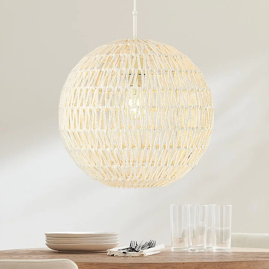 ELYONA Modern Boho Pendant Light, Bohemian Woven Rattan Hanging Light Fixtures, 14" Adjustable Globe Wicker Chandelier for Dining Room Living Room Kitchen Island Foyer Bedroom Hallway, Cream/White