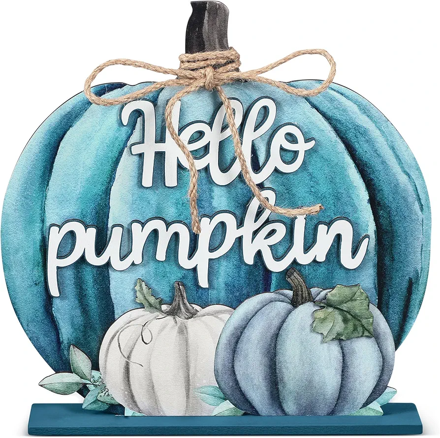 Soaoo Fall Decoration Wooden Autumn Pumpkin Tabletop Signs Fall Hello Pumpkin Sign Decor 11 Inch Wooden Pumpkin Desktop Ornament for Farmhouse Home Living Room Harvest Day Thanksgiving Decor (Blue)