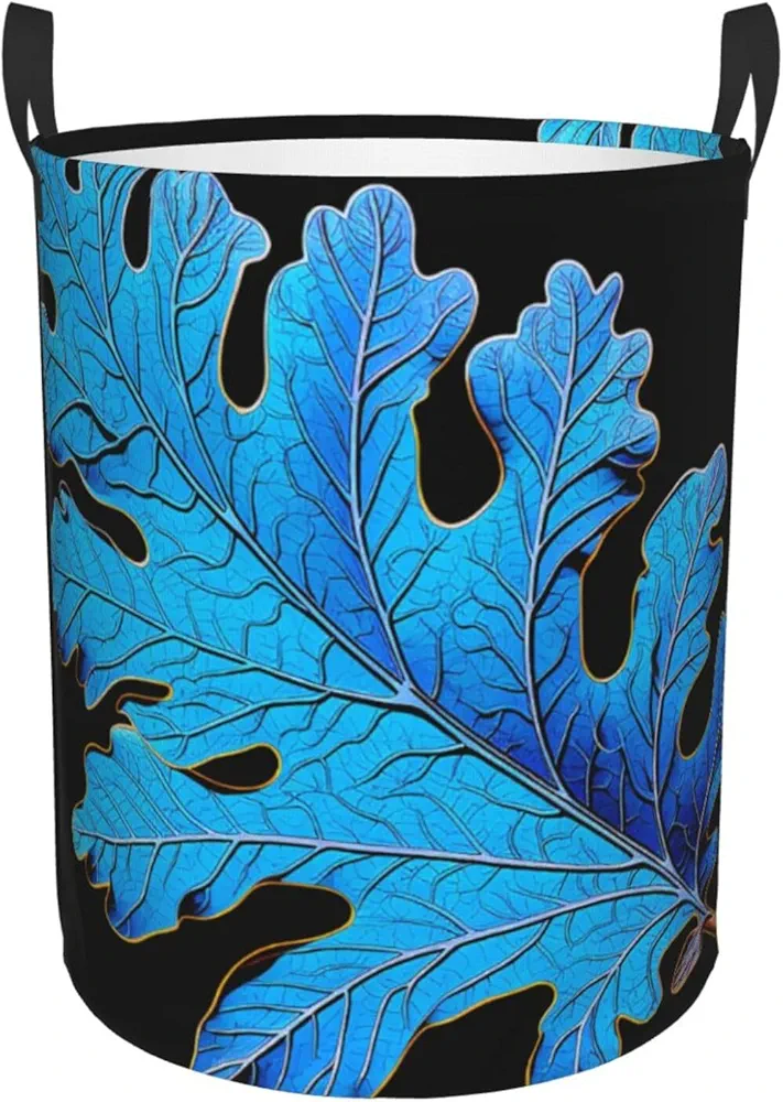 Blue Oak Leaves Print Laundry Basket Circular Laundry Hamper with Handles Waterproof Circular Hamper Dirty Clothes Basket Portable Storage Bin for Home Organizer Living Room Bathroom Car Medium