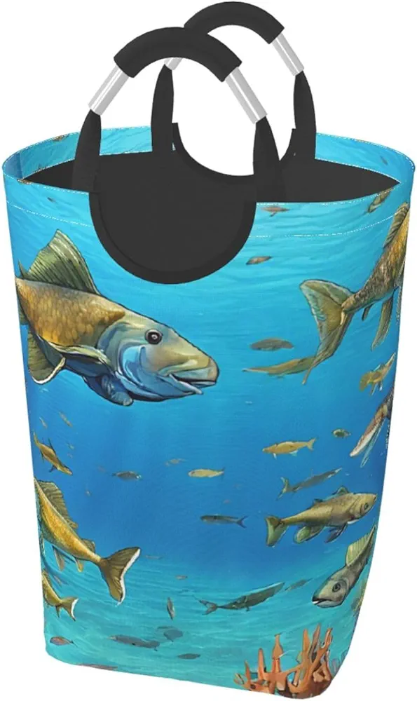 Laundry Basket Collapsible Clothes Hamper for Dirty Clothes, Laundry Bag with Handles Blanket Toys Storage Blanket, Dorm Room Essentials Accessories - Blue Underwater Fish