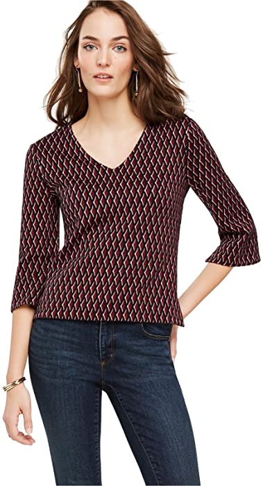 Ann Taylor - Women's - Currant Red Diamond Jacquard V-Neck Knit Top