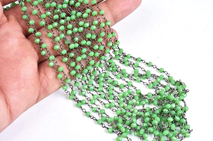 Shree Narayani 10 Feet Green Jasper Rondelle Faceted Hydro Beaded Rosary Chain,Black Metal Plated Wire,Jewelery Making,Finding,Size 3-3.5 mm,Bulk RollBirthstone Beads