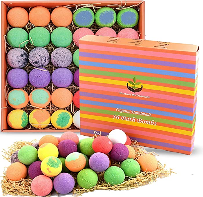 Bulk Bath Bomb Gift Set - 36 Nurture Me Organics Bath Bombs Large Bath Fizzies! Gift Box of Bulk Bath Bombs. Dry Skin Moisturize Natural Spa Bath Balls. Best Gift for Women, Gifts for Mom & Friends!