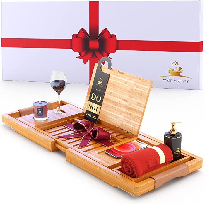 Premium Bathtub Tray [The Longest Bamboo Bath Tray] Bathtub Caddy with Wooden Book Holder, Special Slots for Candles, Wine, Phone, Gift Packaging Included