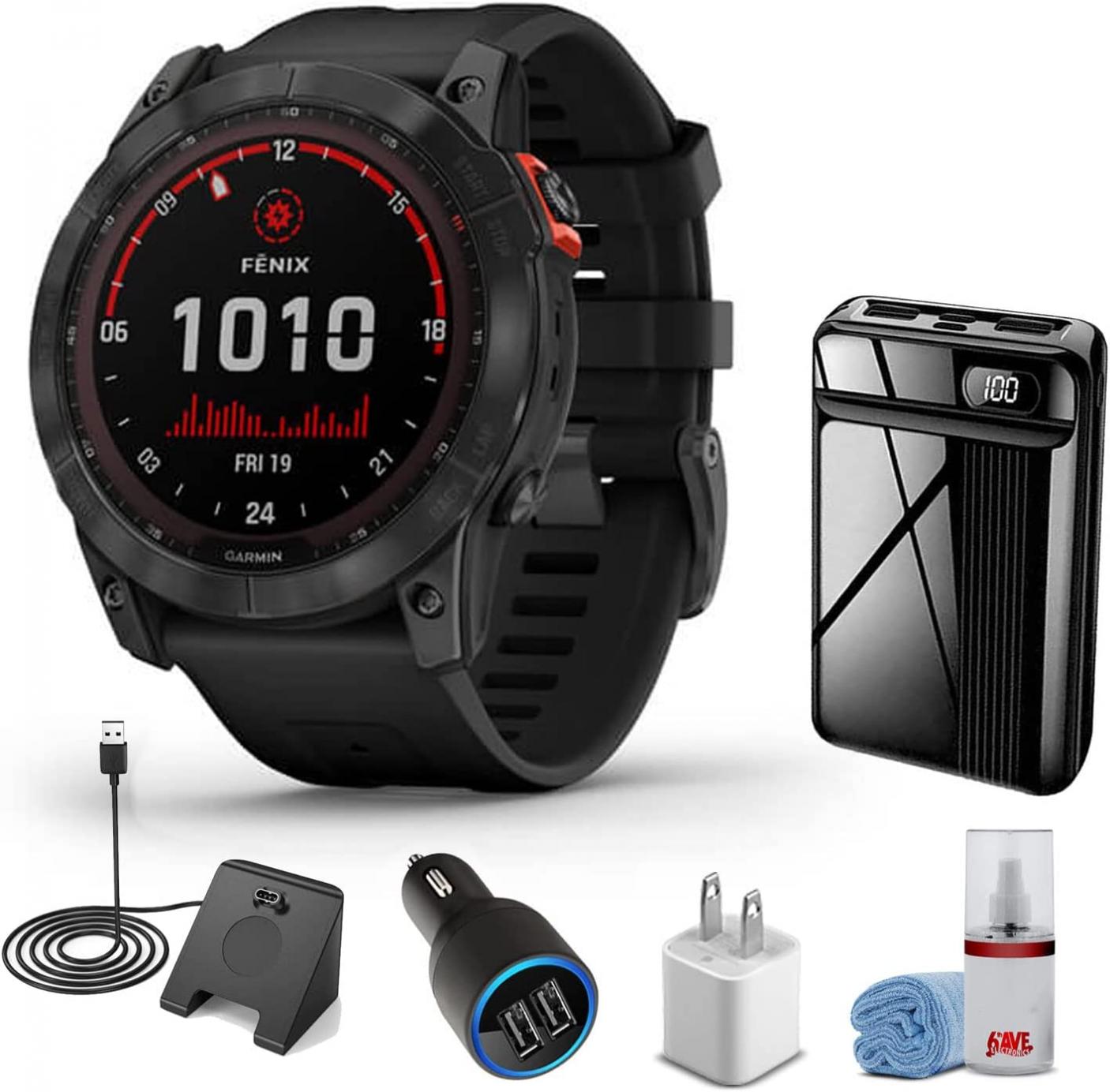 Garmin Fenix 7X Solar Edition Smart Watch Slate Gray with Black Band (51mm) + Watch Charging Stand + USB Car/Wall Adapter + 6TH AVE Cleaning Kit (Bundle) (010-02541-00)