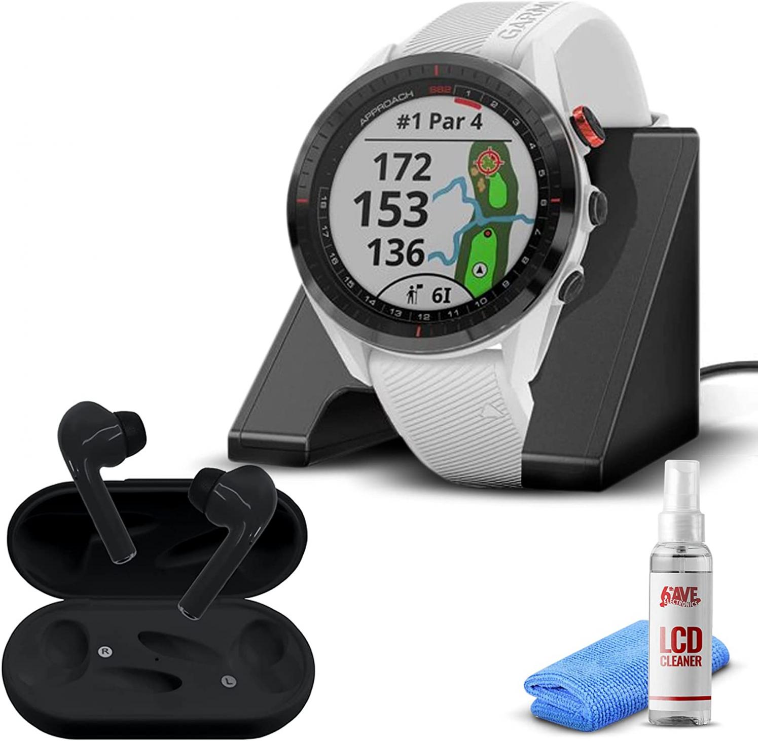 Garmin Approach S62 GPS Golf Watch (Black Bezel/White Band) + Wirless Headphones + Charging Base + 6TH AVE Cleaning Kit w/Virtual Caddie Mapping (010-02200-00) (010-02200-01)