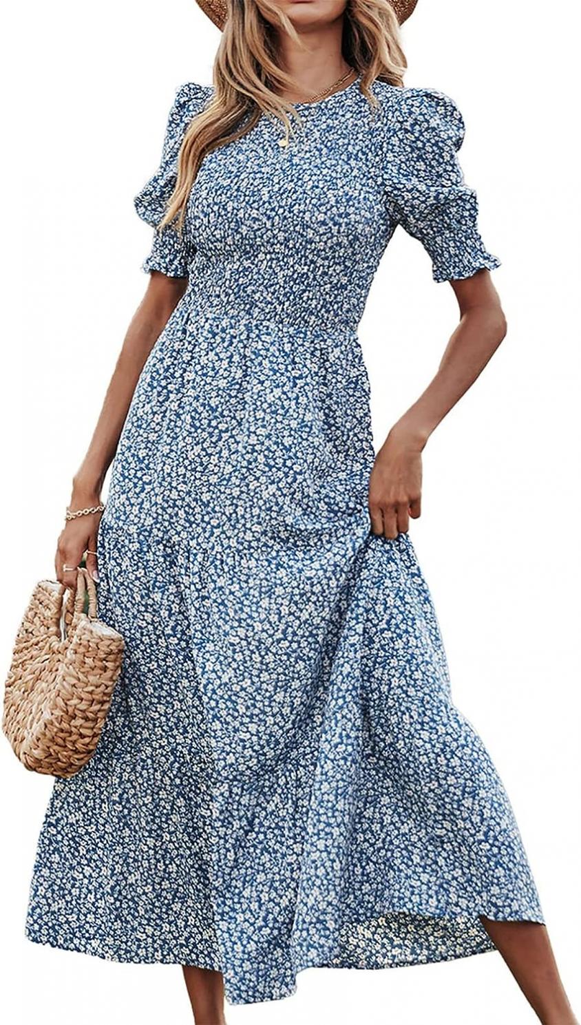 BTFBM Women Casual Summer Dresses 2023 Spring Crew Neck Ruffle Short Sleeve Floral Leopard Smocked Boho Flowy Maxi Dress