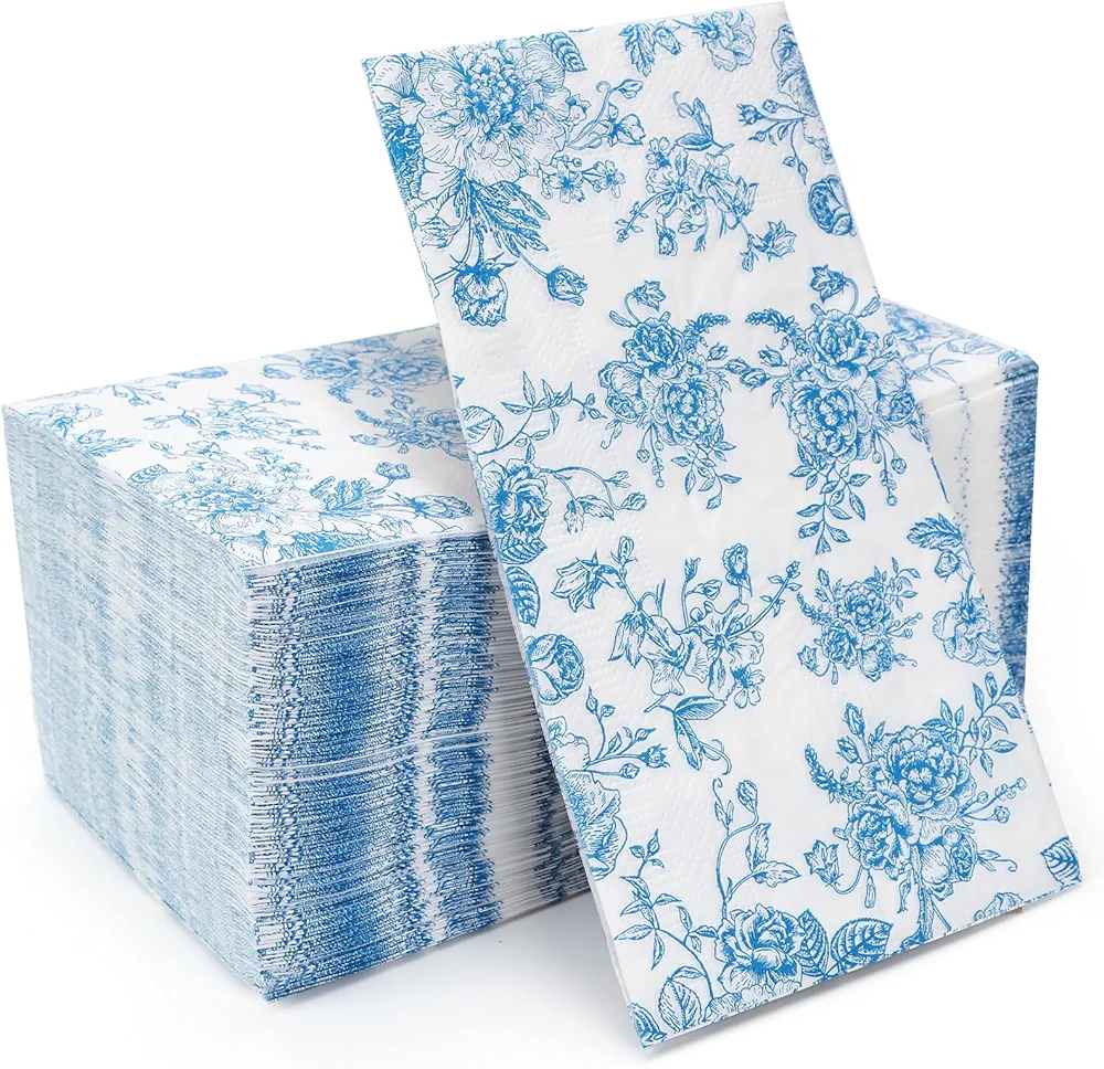 100 Pack Blue Floral Guest Hand Towels Disposable for Bathroom, Blue Floral Paper Napkins Decorative Spring Flowers Napkins for Bathroom Toilet Powder Room Holiday Wedding Bridal Shower