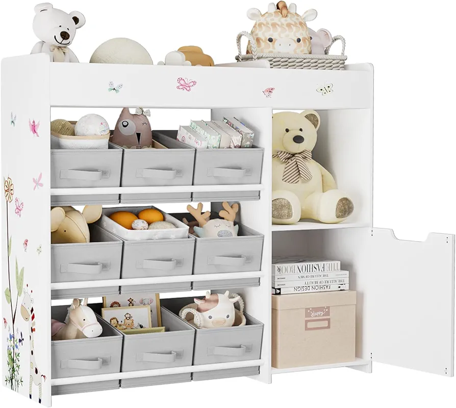 Kids Bookshelf, Toy Storage Organizer with Bookcase, Children's Toy Shelf with 9 Bins for Children's Room, Playroom, Hallway, Kindergarten, School White