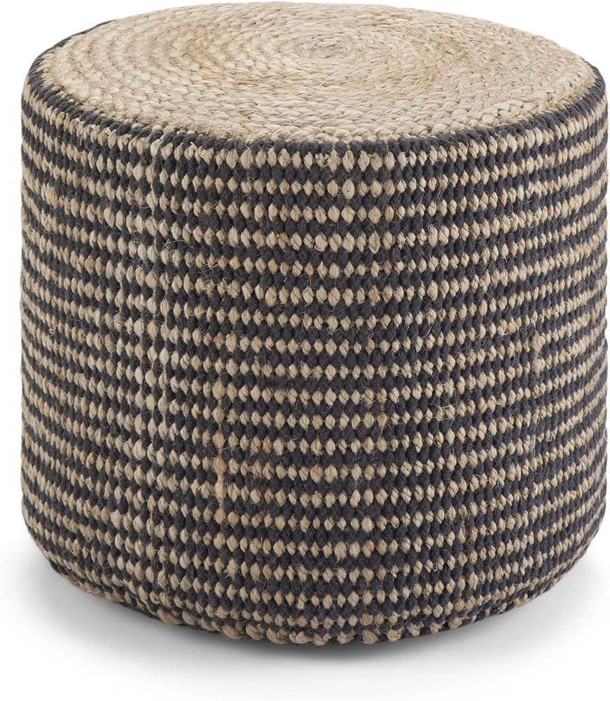 SIMPLIHOME Larissa Round Pouf, Footstool, Upholstered in Natural Hand Braided Jute, for the Living Room, Bedroom and Kids Room, Boho, Contemporary, Modern